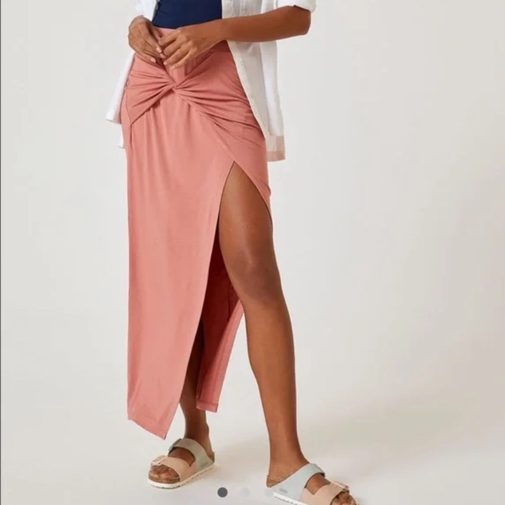 Anthropologie daily practice pink rose twist front side slit maxi skirt size XS
